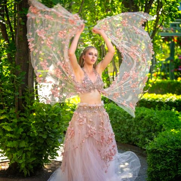 SAMPLE GOWN"TUSCANY" Blush & Rose Gold Floral Lace Tulle Wedding Ballgown Set
